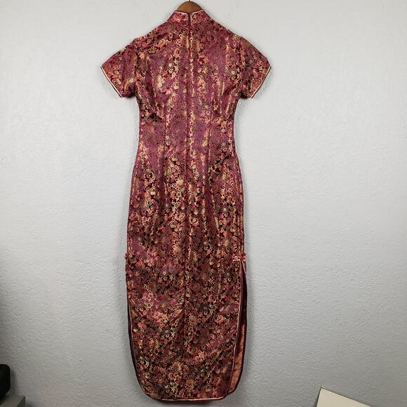 Silk Blend Asian Style Sheath Dress Red Gold - S - Picture 5 of 7